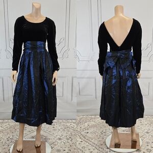 Laura Ashley Vintage 80s 90s Black & Blue Striped Party Prom Dress sz 12